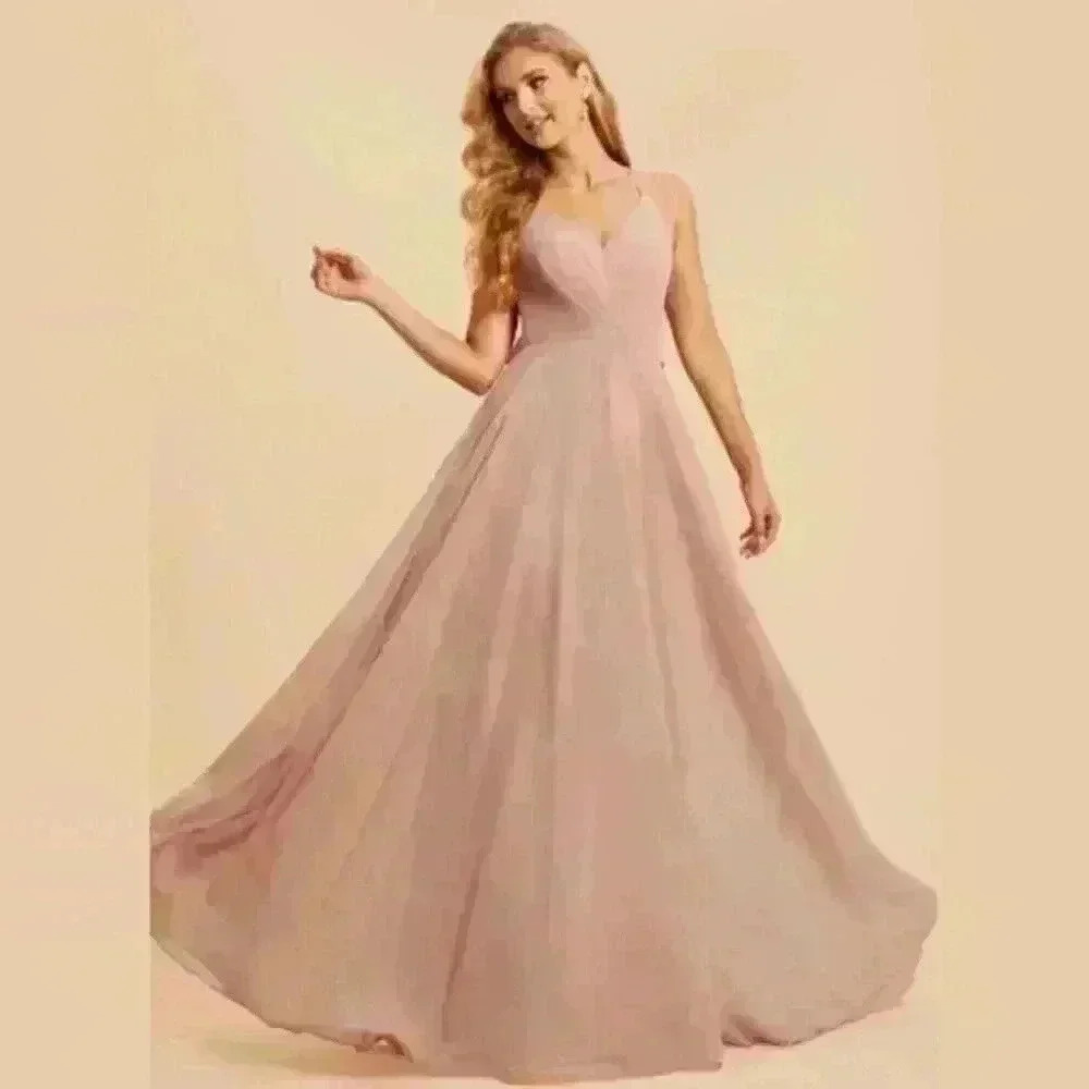 JJs House Women Size 6 Blush FloorLength Dress Ruffle Chiffon A-line V-neck NEW